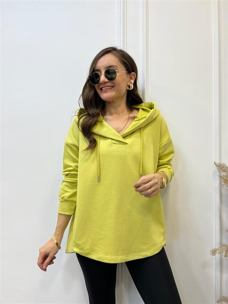 Yağ Yeşili V Yaka Kapüşonlu Sweatshirt 5054