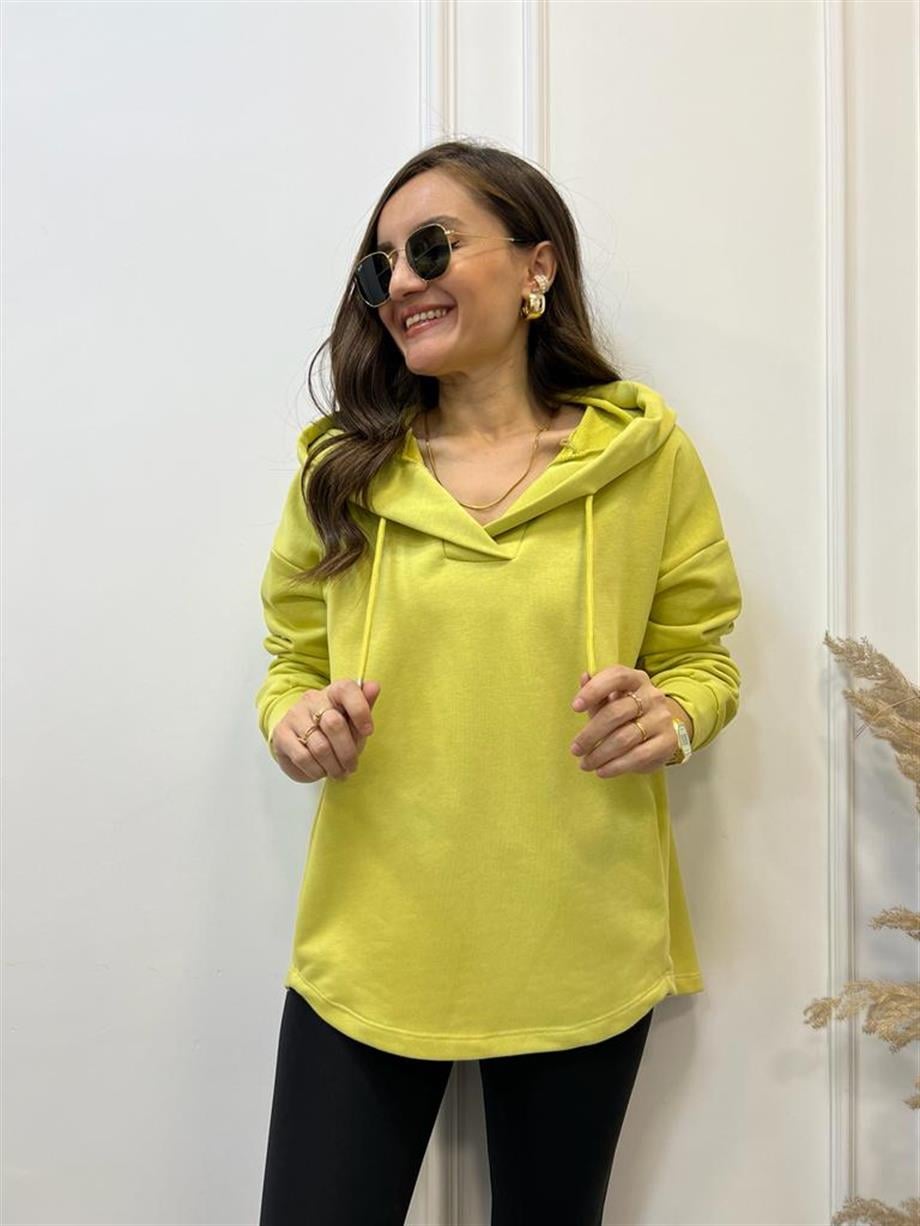 Yağ Yeşili V Yaka Kapüşonlu Sweatshirt 5054