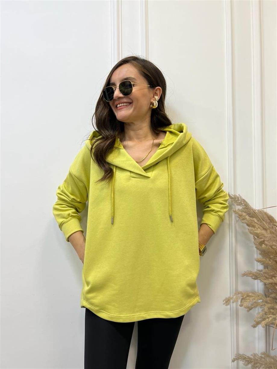 Yağ Yeşili V Yaka Kapüşonlu Sweatshirt 5054
