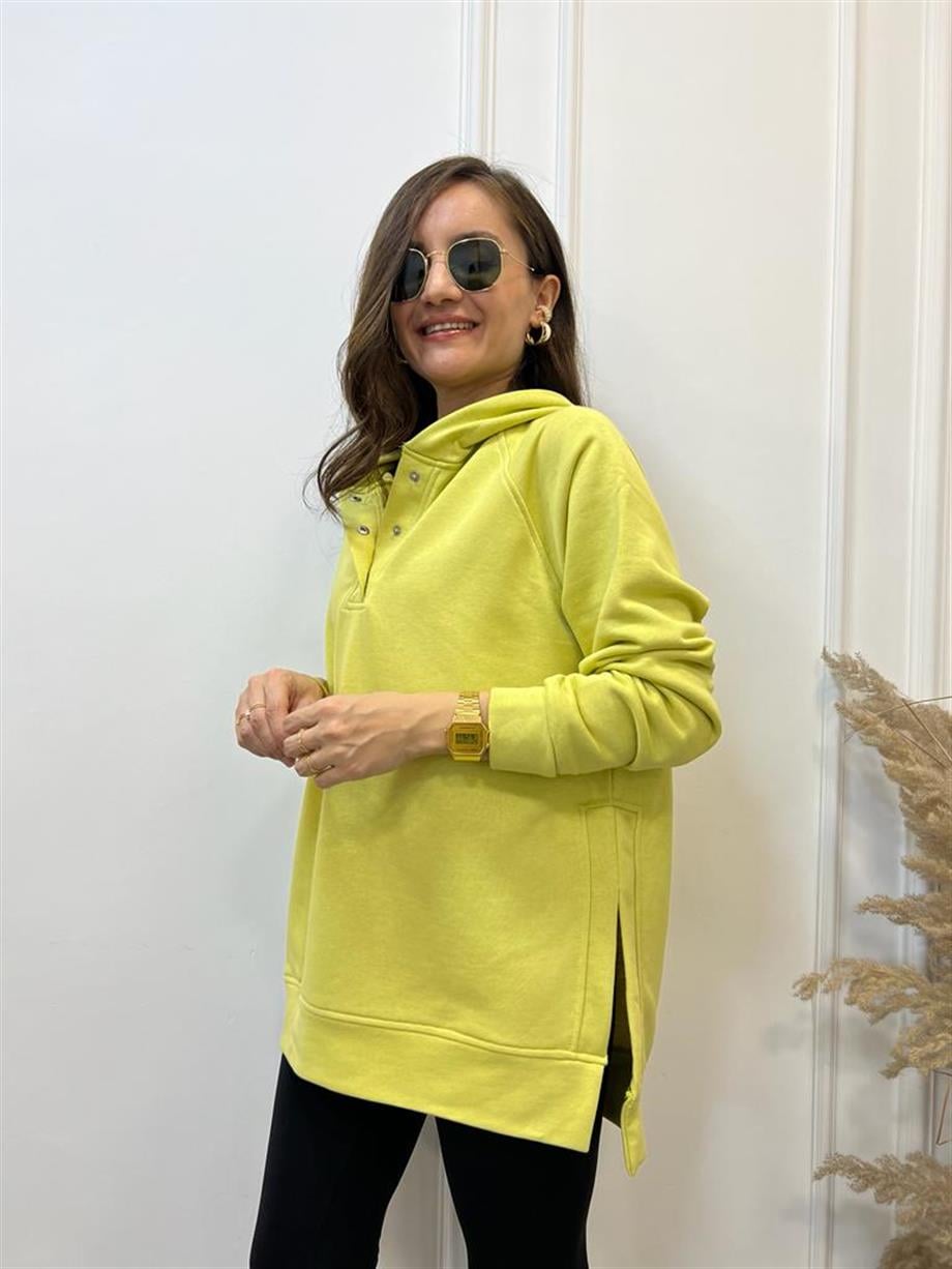 Yağ Yeşili Yandan Yırtmaçlı Çıtçıtlı Kapüşonlu Sweatshirt 5048