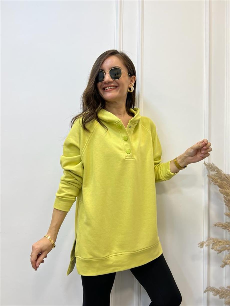 Yağ Yeşili Yandan Yırtmaçlı Çıtçıtlı Kapüşonlu Sweatshirt 5048