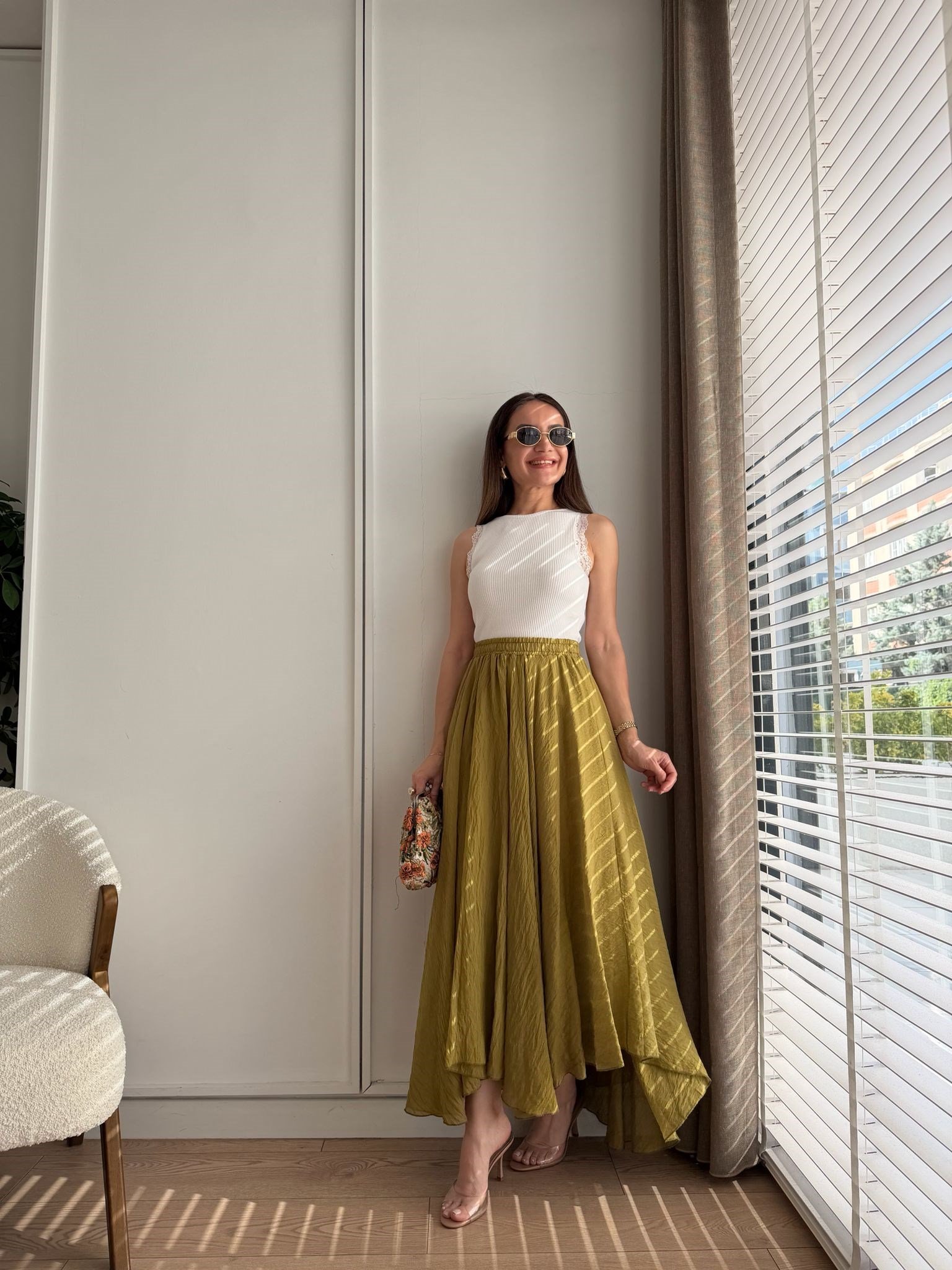 Yağyeşili Asimetrik Kesim Astarlı Etek 261022