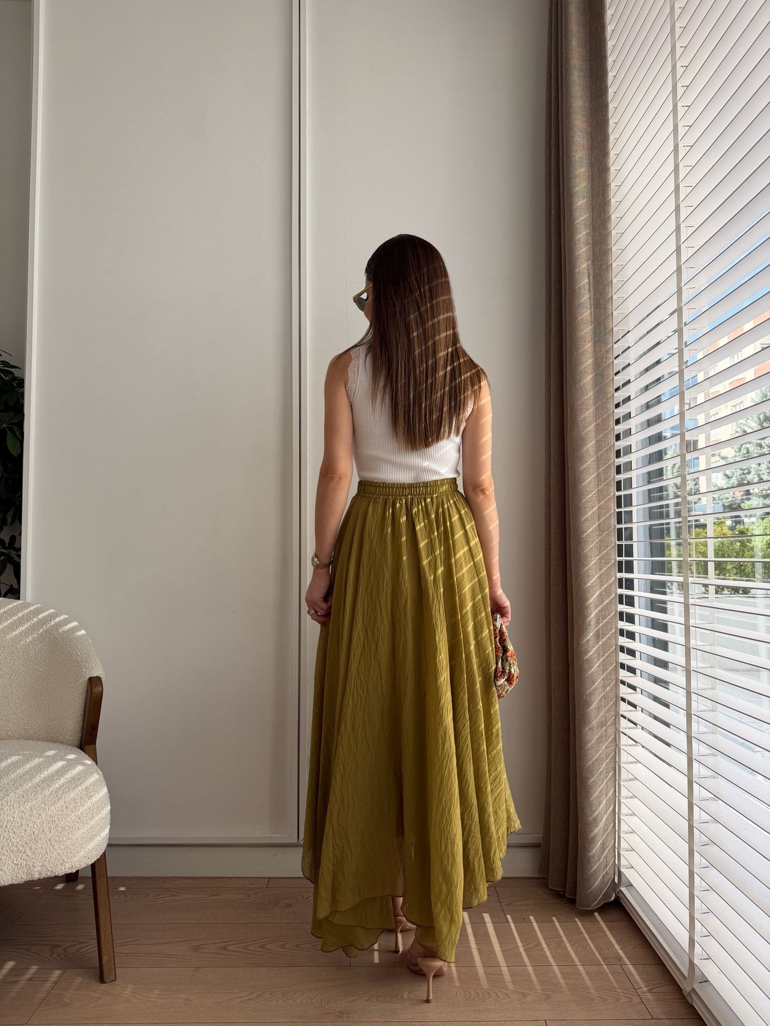Yağyeşili Asimetrik Kesim Astarlı Etek 261022