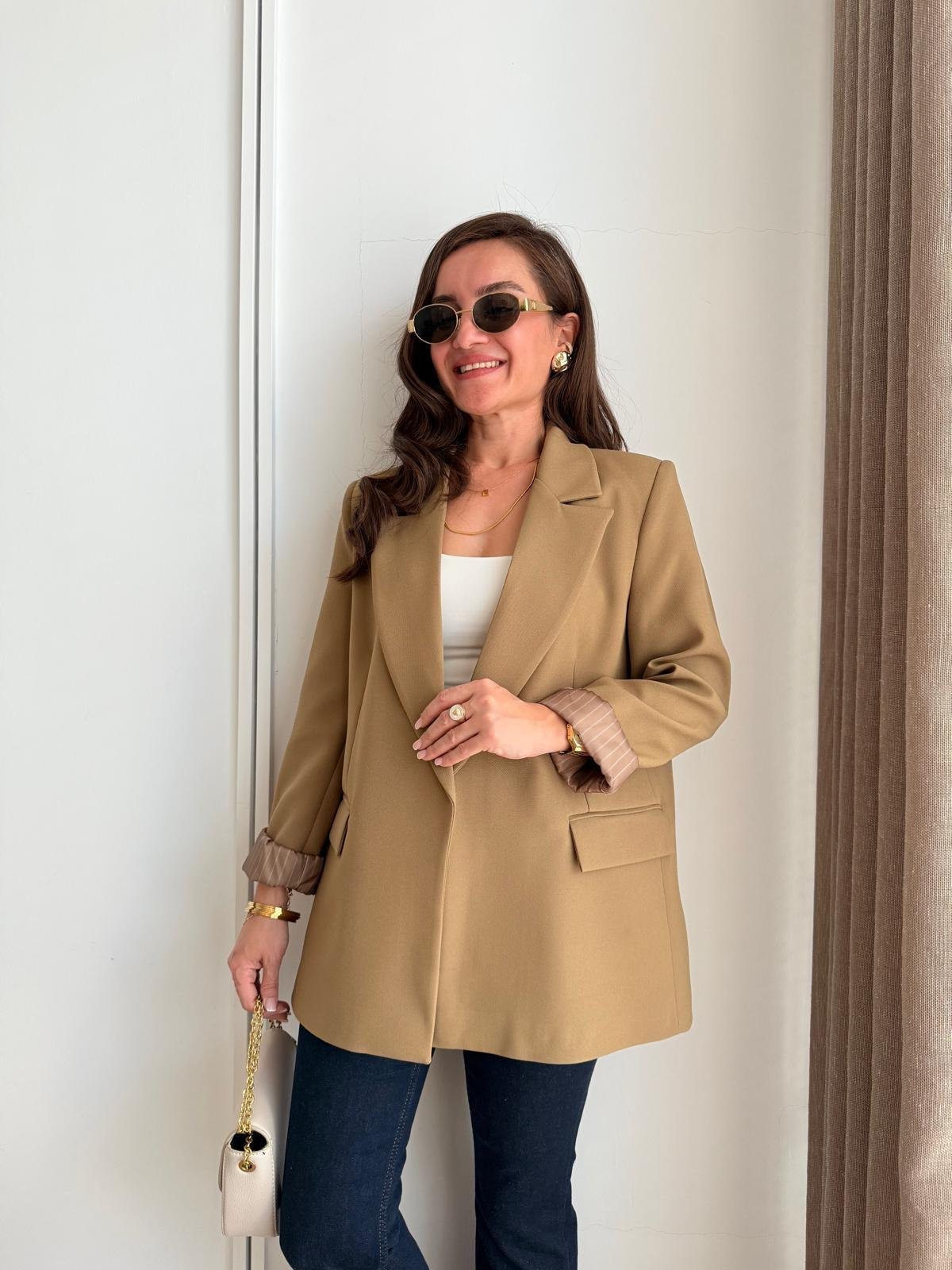 Yağyeşili Astarlı Keten Blazer Ceket 7560