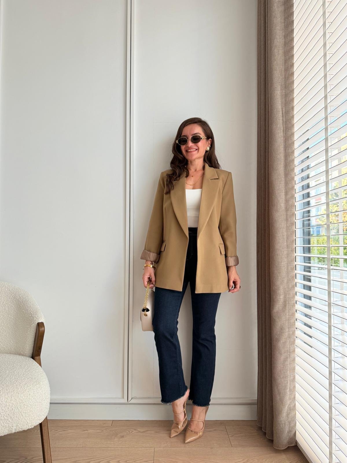 Yağyeşili Astarlı Keten Blazer Ceket 7560