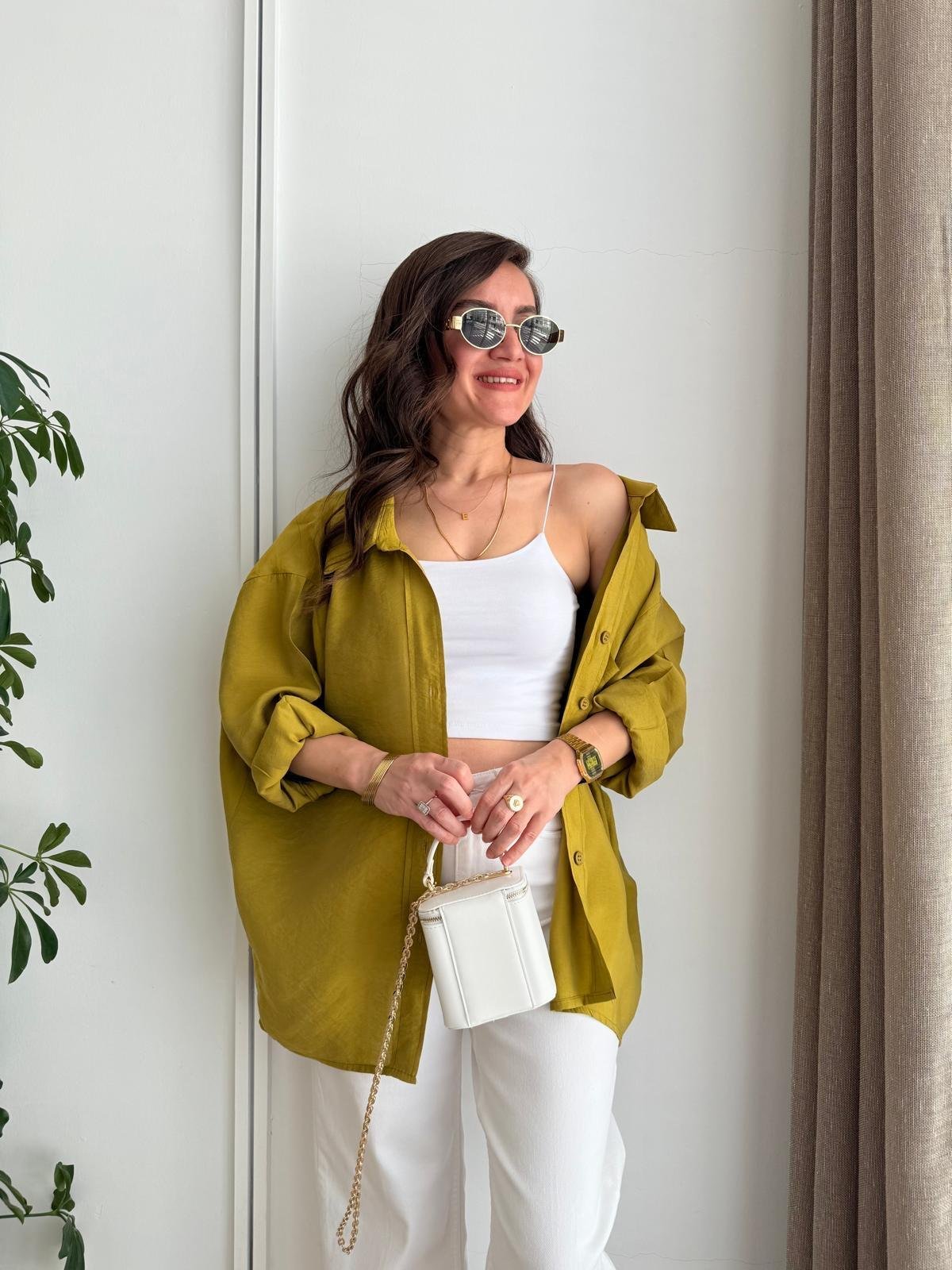 Yağyeşili Lüx Kalite Oversize Gömlek 4612