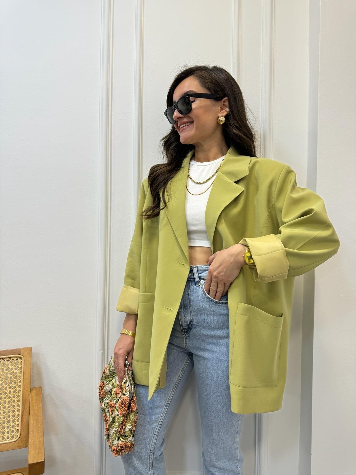 Yağyeşili Premıum Kalite Torba Cep Blazer Ceket 9437