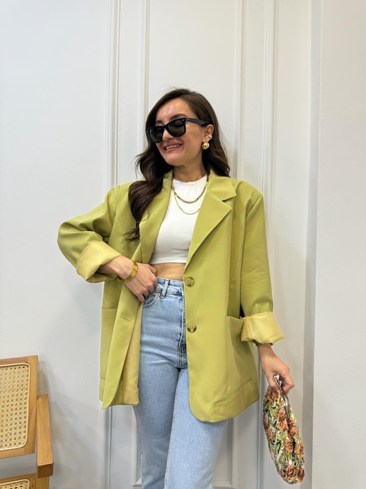 Yağyeşili Premıum Kalite Torba Cep Blazer Ceket 9437