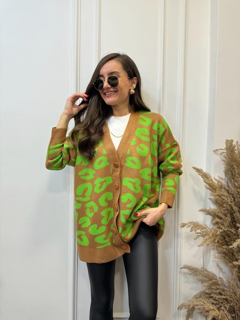 Yeşil Camel Geometrik Desenli Triko Hırka 13490