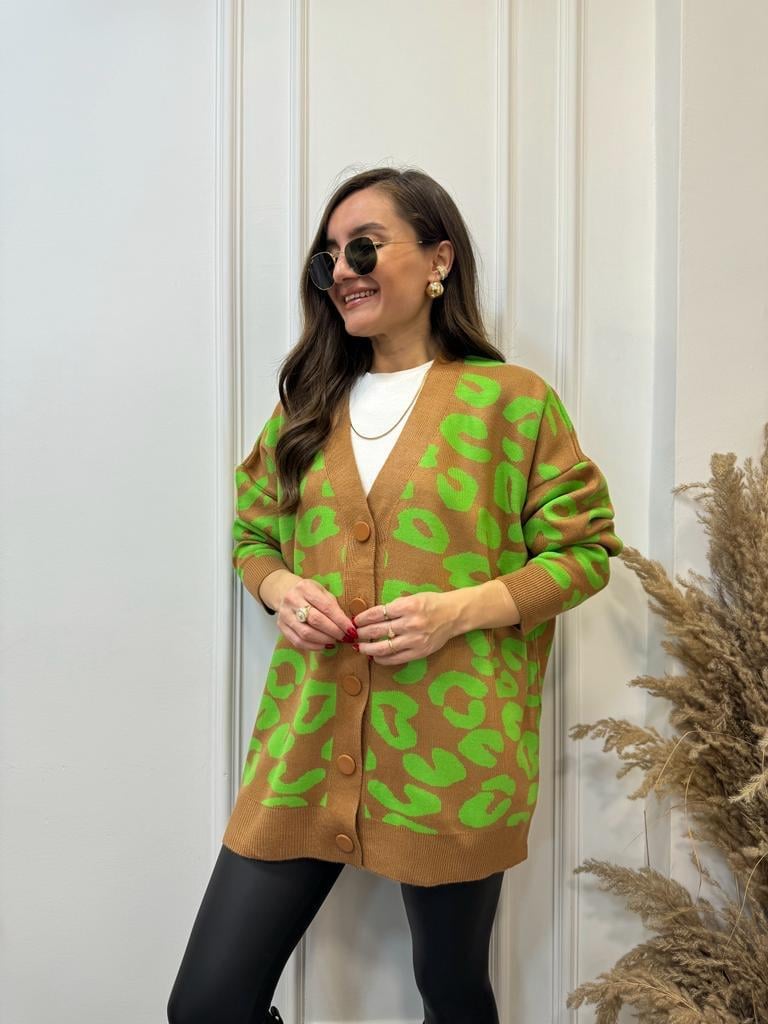 Yeşil Camel Geometrik Desenli Triko Hırka 13490