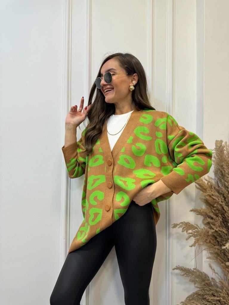 Yeşil Camel Geometrik Desenli Triko Hırka 13490