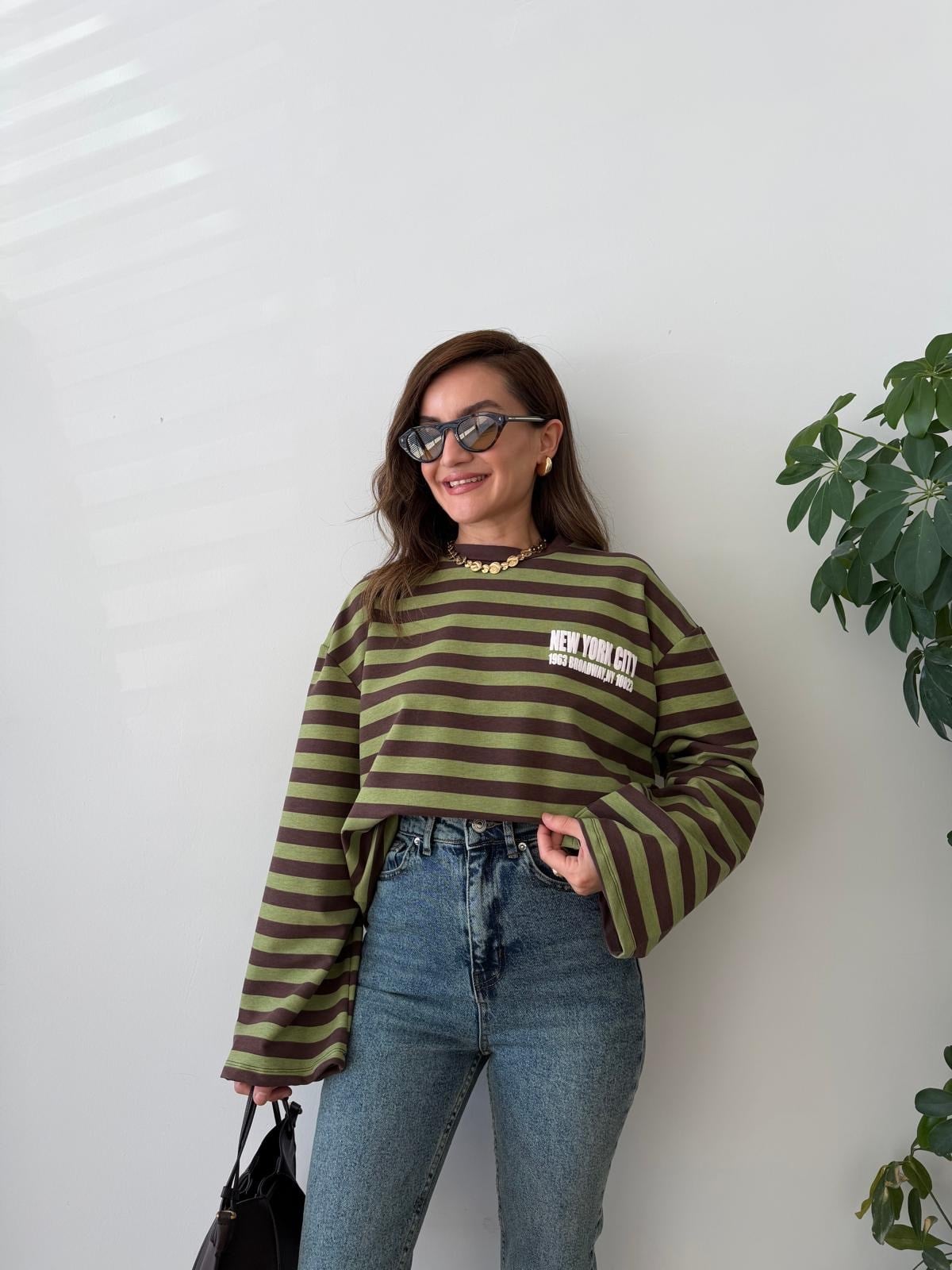 Yeşil Çizgili Baskılı Sweatshirt 1130