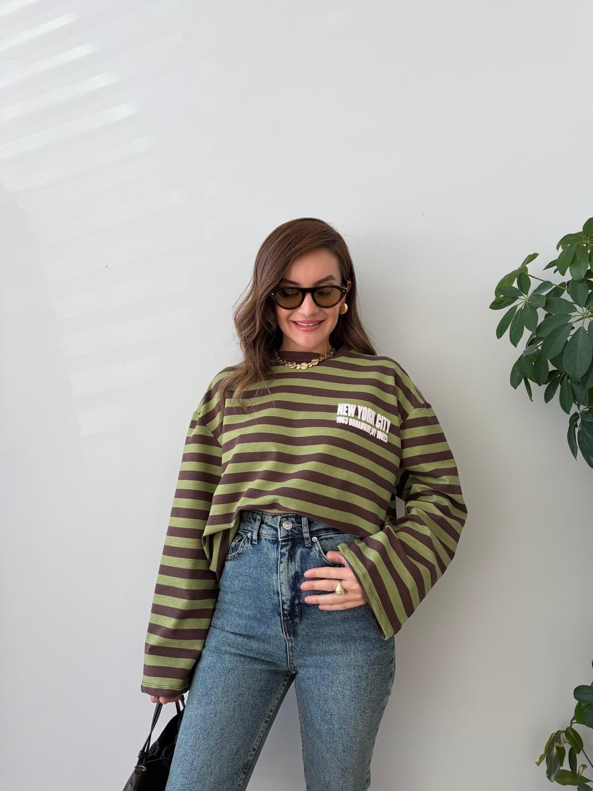 Yeşil Çizgili Baskılı Sweatshirt 1130