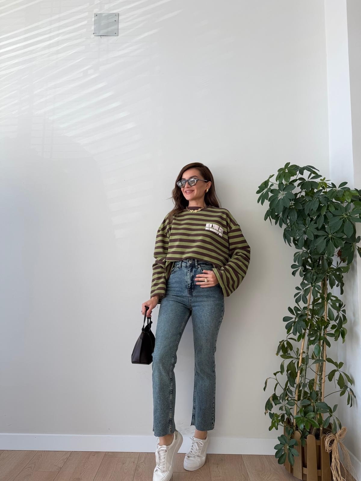 Yeşil Çizgili Baskılı Sweatshirt 1130