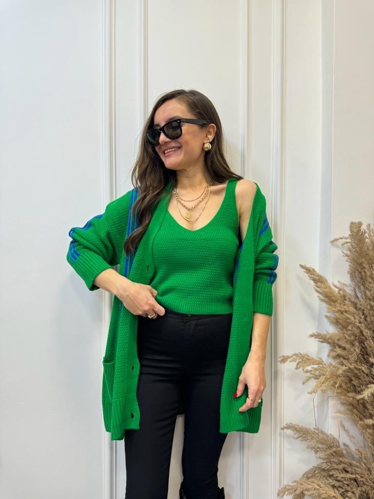 Yeşil Çizgili Crop Hırka Takım 0023