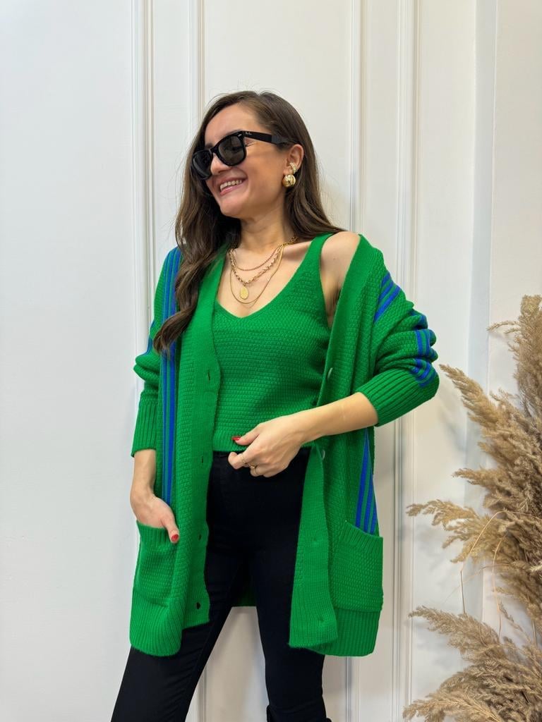 Yeşil Çizgili Crop Hırka Takım 0023