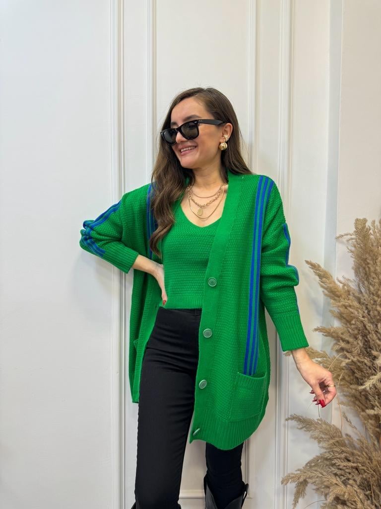 Yeşil Çizgili Crop Hırka Takım 0023