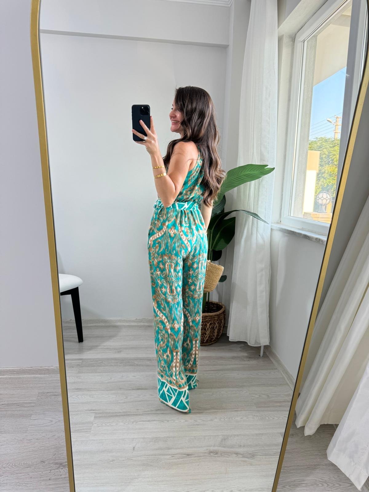 Yeşil Desenli Halter Yaka Bel Lastikli Kuşaklı Tulum  3528