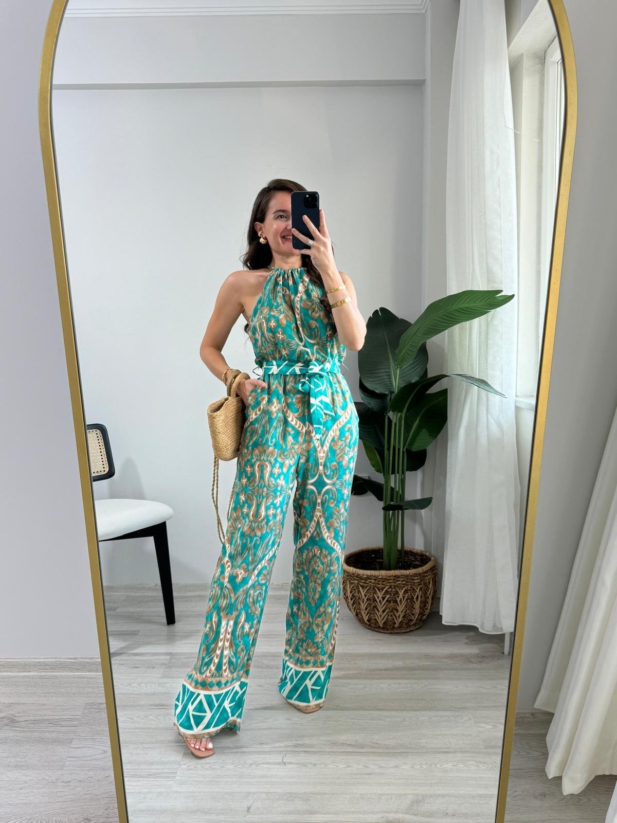 Yeşil Desenli Halter Yaka Bel Lastikli Kuşaklı Tulum  3528