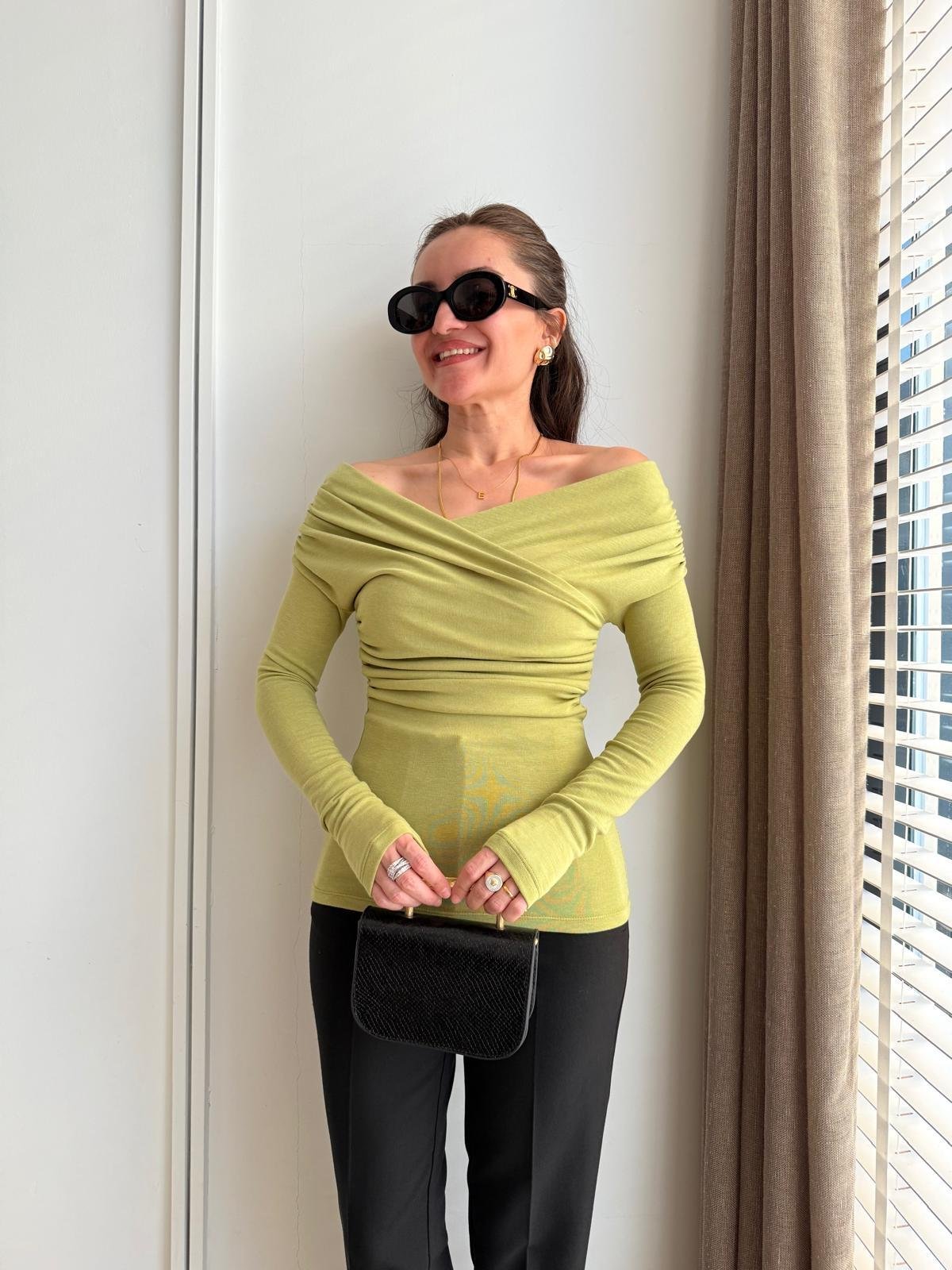 Yeşil Drape Detaylı Bluz 0663