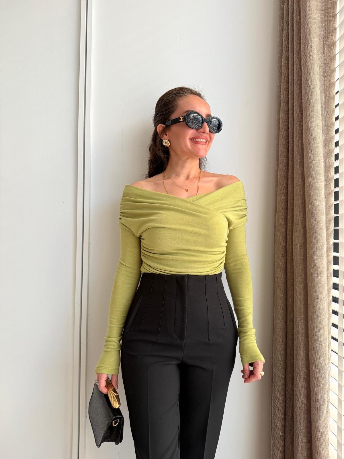 Yeşil Drape Detaylı Bluz 0663