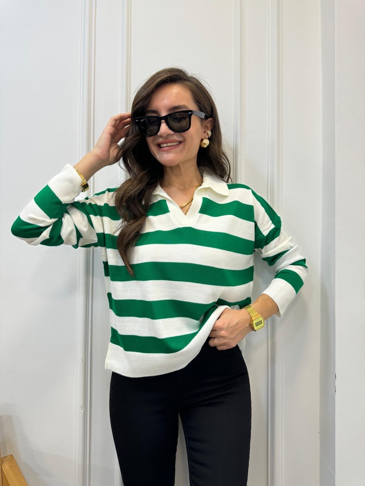 Yeşil İri Çizgili Polo Yaka Triko 3309