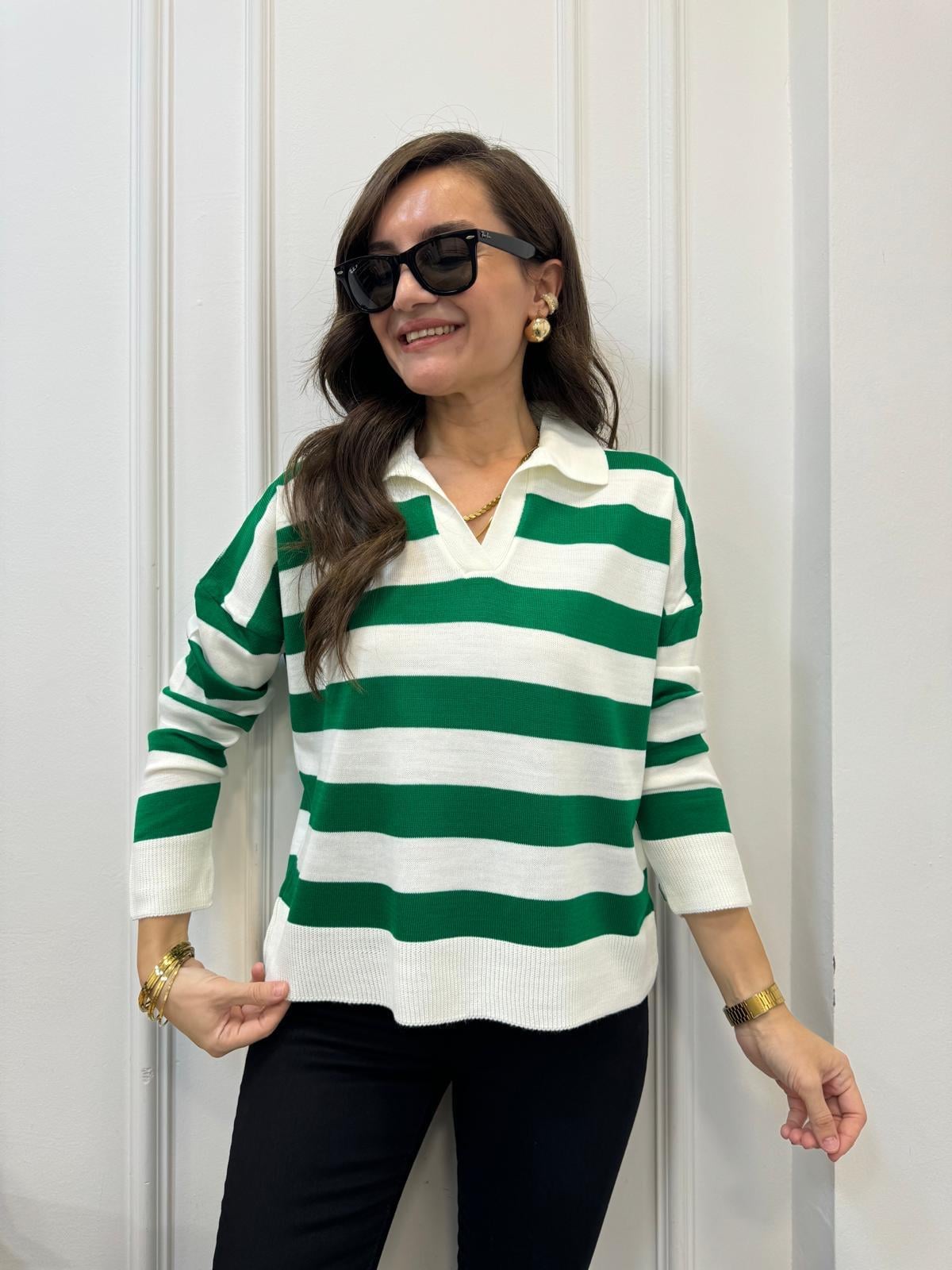 Yeşil İri Çizgili Polo Yaka Triko 3309