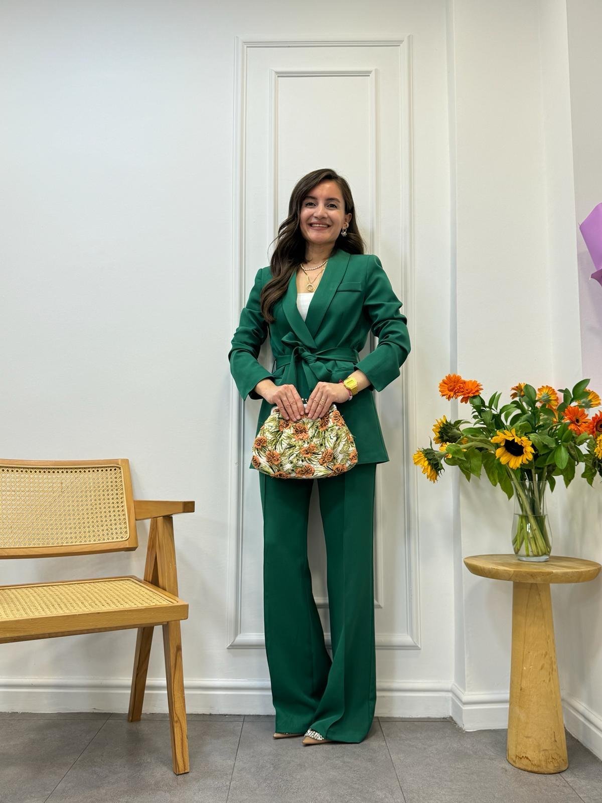 Yeşil Kuşaklı Blazer Pantolon Takım 3058