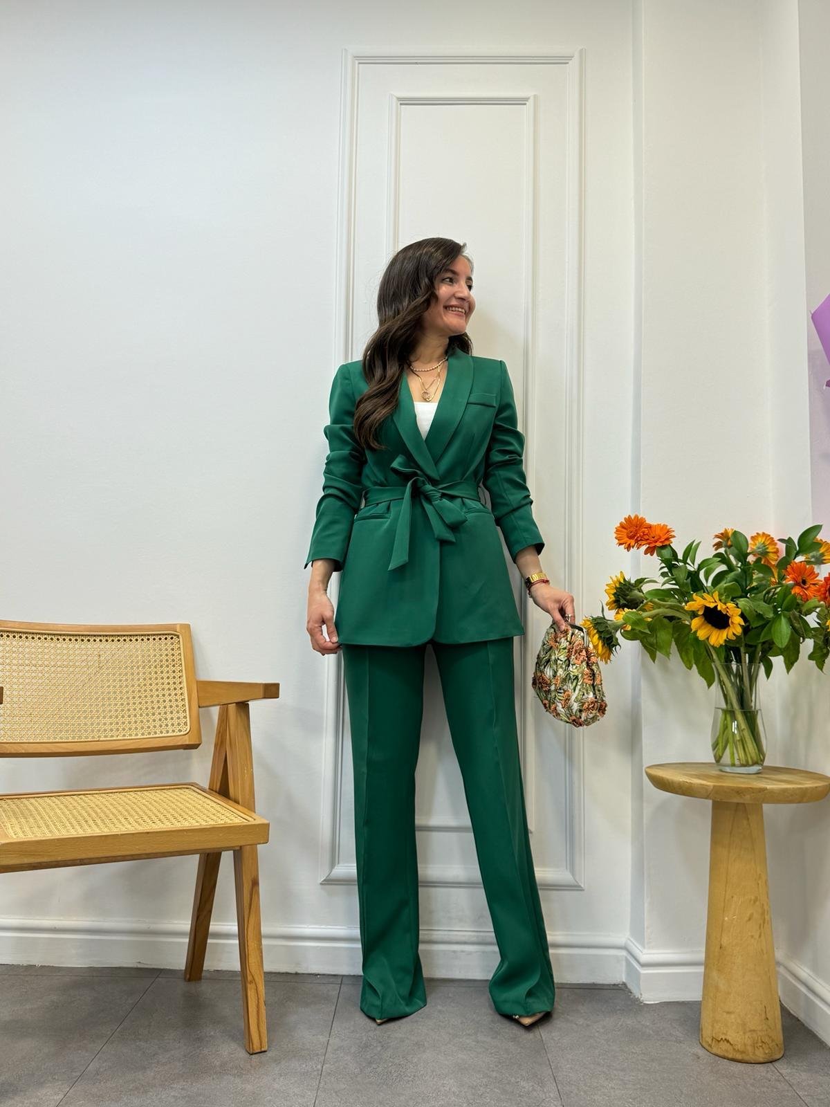 Yeşil Kuşaklı Blazer Pantolon Takım 3058