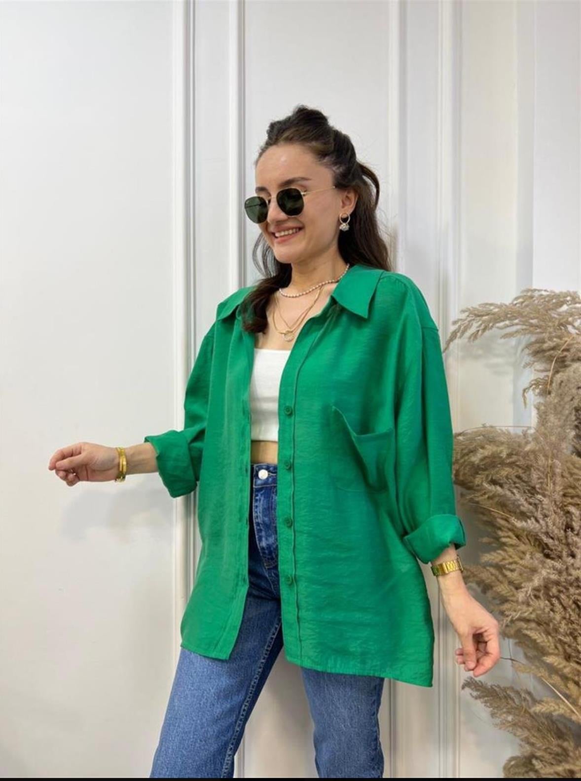 Yeşil Lüx Kalite Oversize Gömlek 4612