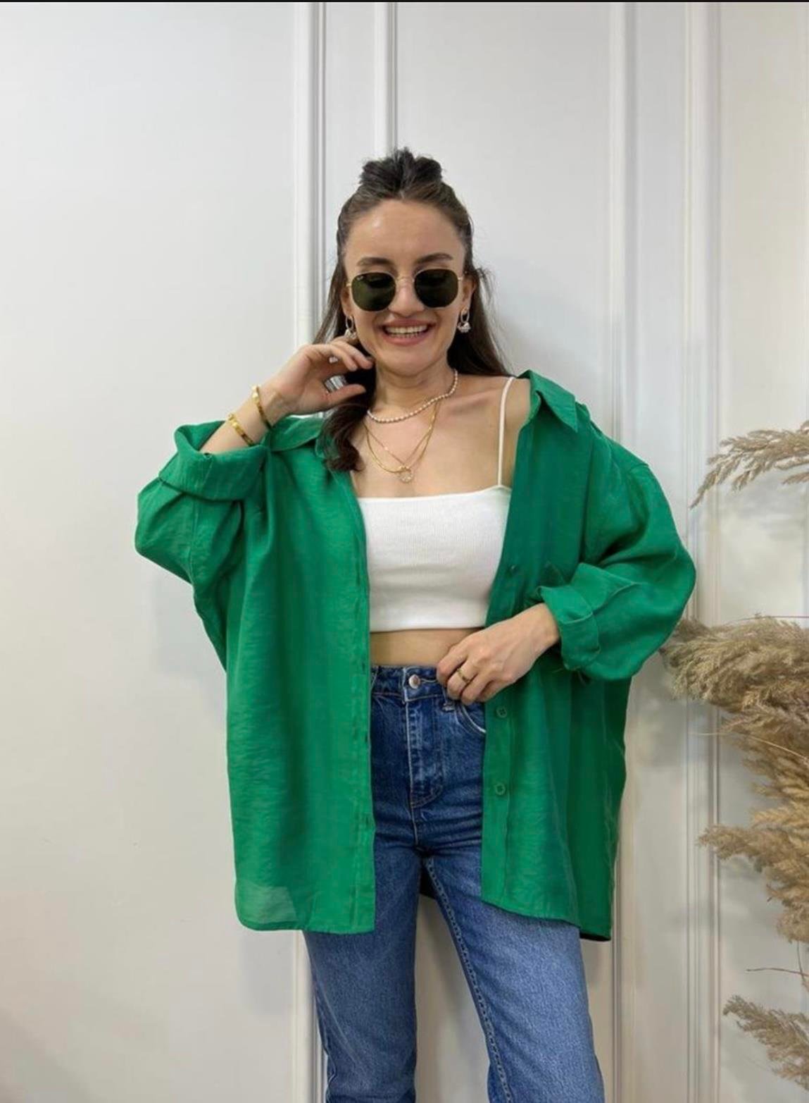 Yeşil Lüx Kalite Oversize Gömlek 4612
