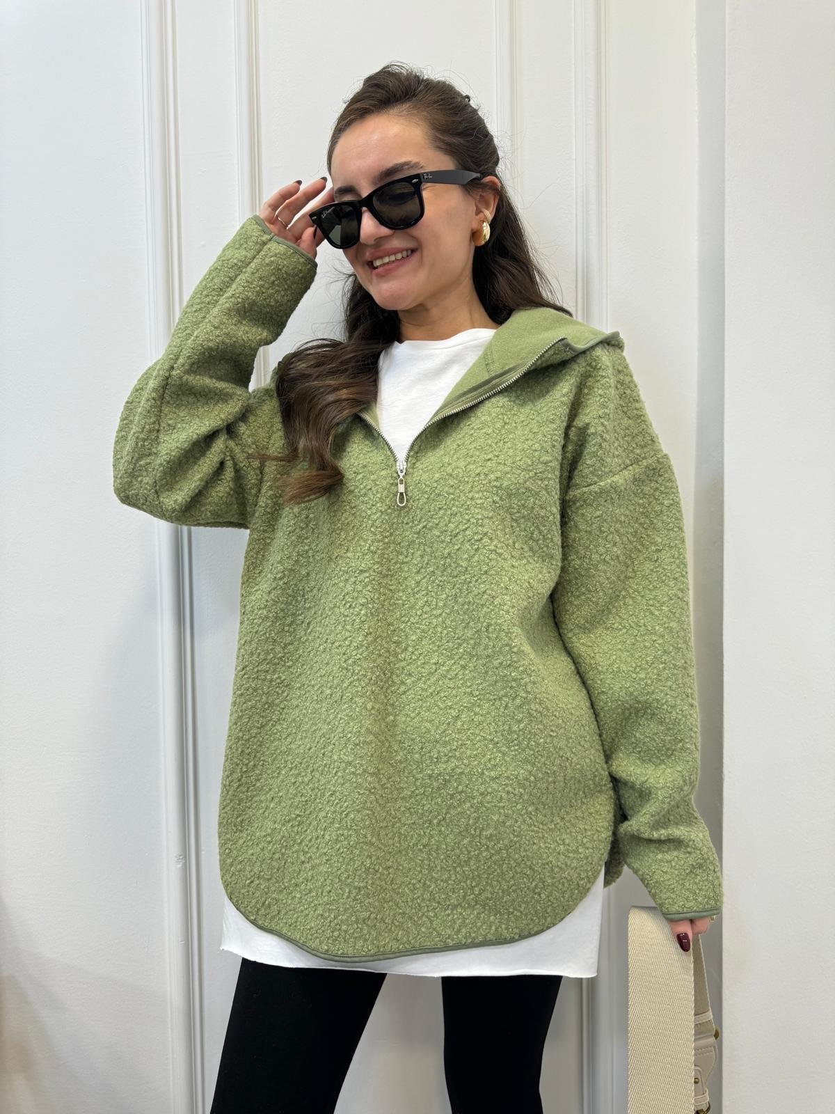 Yeşil Ön Fermuar Detaylı Kapüşonlu Teddy Sweatshırt 8046