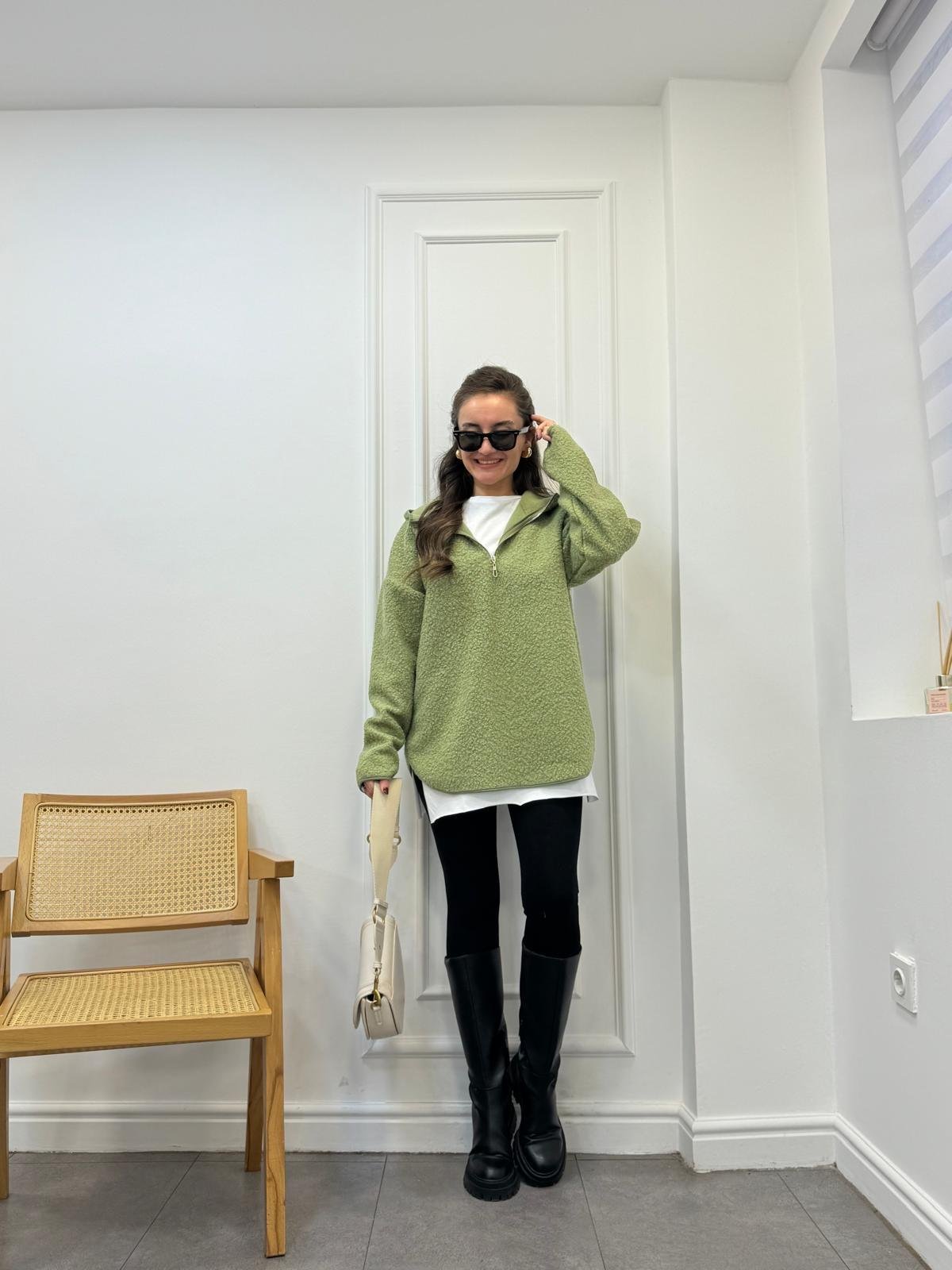 Yeşil Ön Fermuar Detaylı Kapüşonlu Teddy Sweatshırt 8046