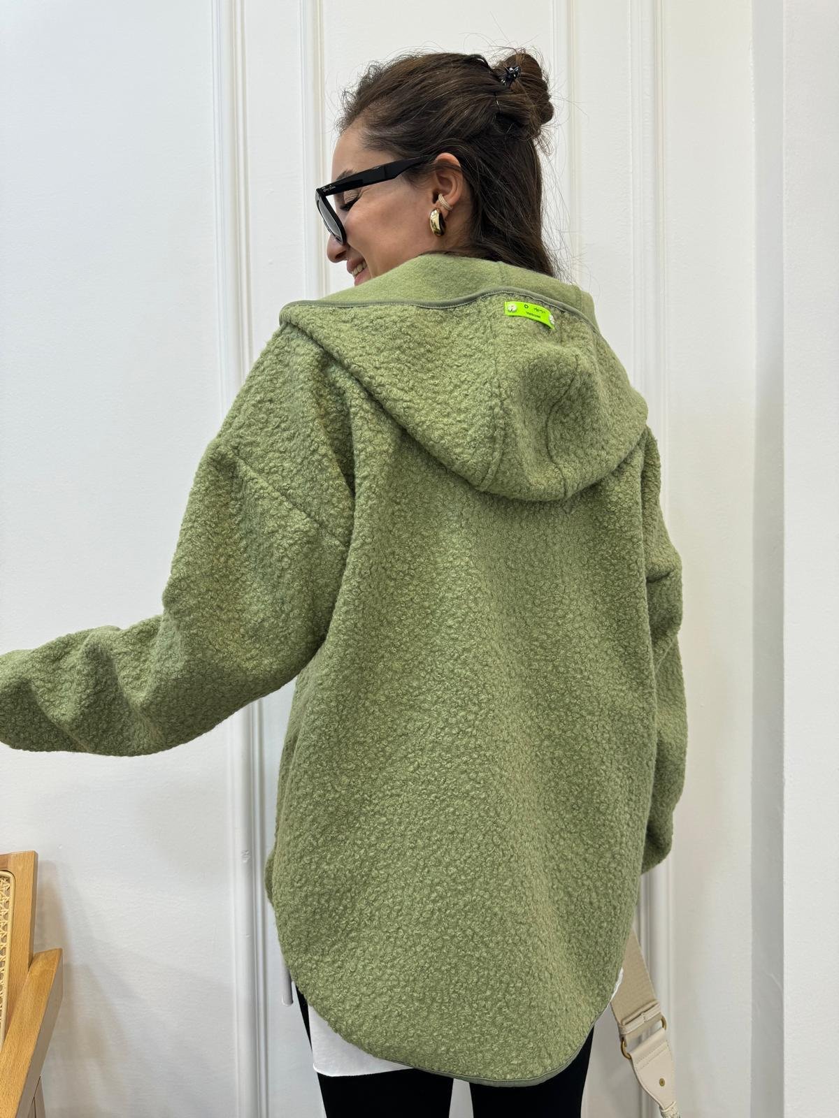 Yeşil Ön Fermuar Detaylı Kapüşonlu Teddy Sweatshırt 8046