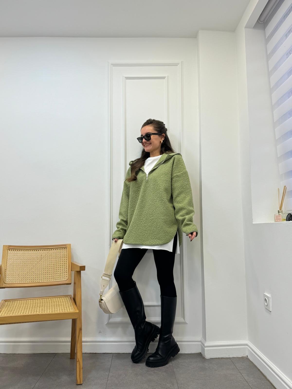 Yeşil Ön Fermuar Detaylı Kapüşonlu Teddy Sweatshırt 8046