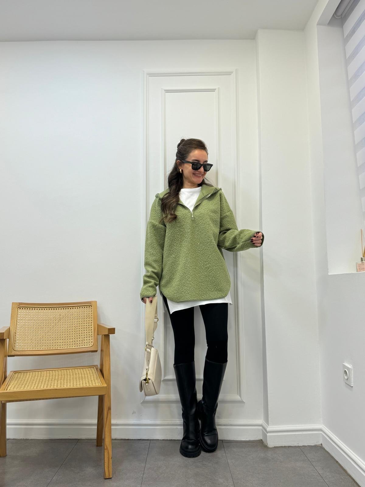 Yeşil Ön Fermuar Detaylı Kapüşonlu Teddy Sweatshırt 8046