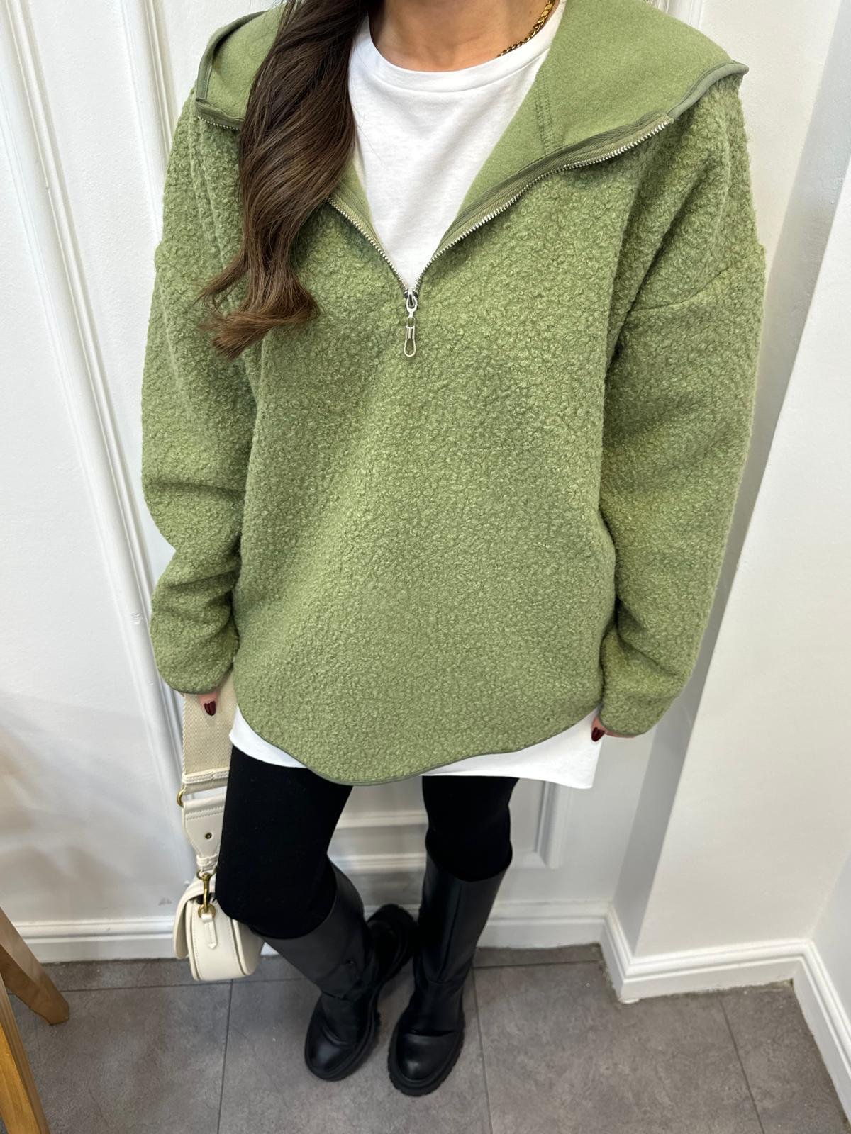 Yeşil Ön Fermuar Detaylı Kapüşonlu Teddy Sweatshırt 8046