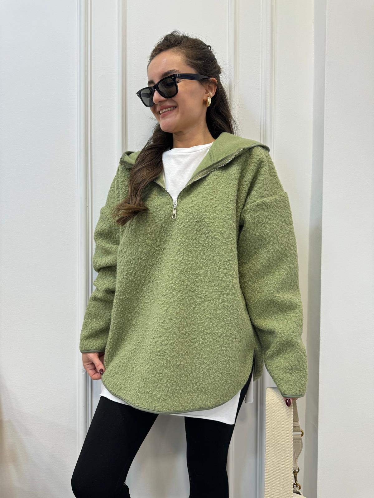 Yeşil Ön Fermuar Detaylı Kapüşonlu Teddy Sweatshırt 8046