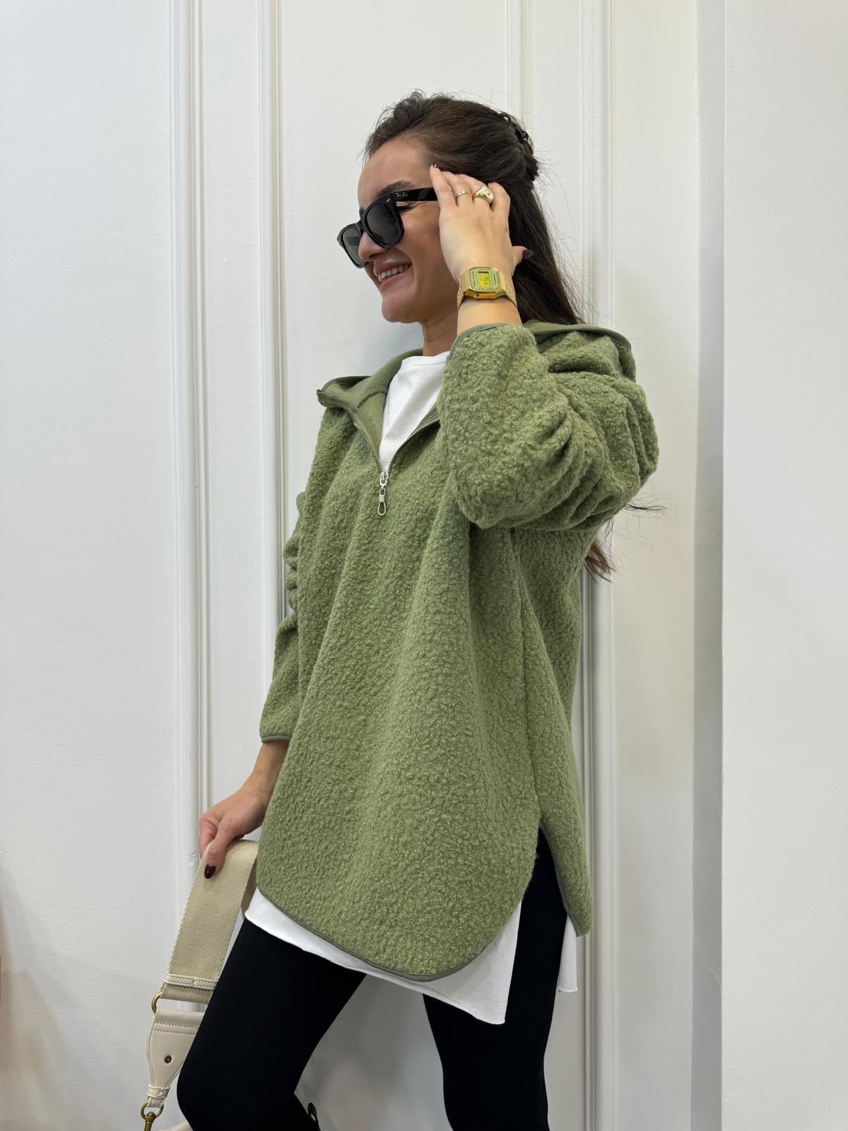 Yeşil Ön Fermuar Detaylı Kapüşonlu Teddy Sweatshırt 8046
