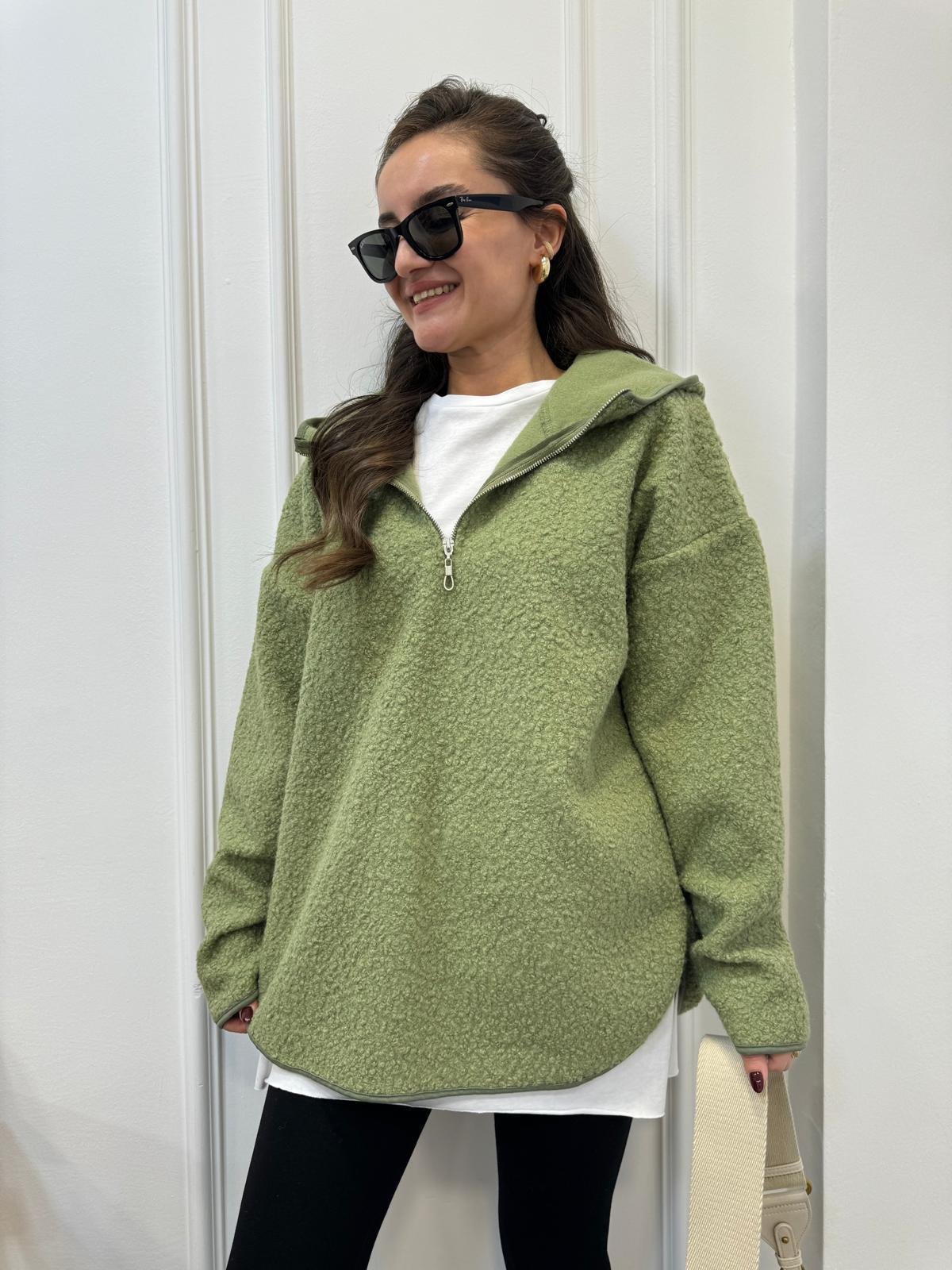 Yeşil Ön Fermuar Detaylı Kapüşonlu Teddy Sweatshırt 8046