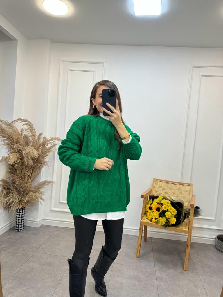 Yeşil Oversize Örme Kazak 3762