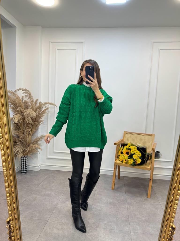 Yeşil Oversize Örme Kazak 3762