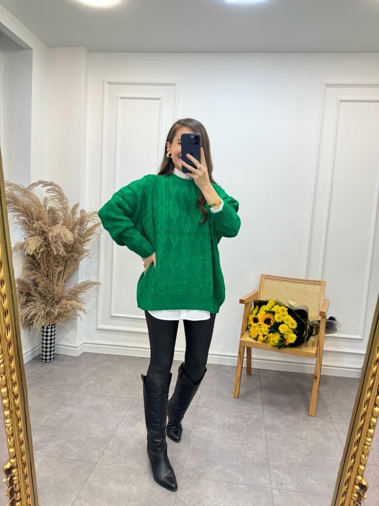 Yeşil Oversize Örme Kazak 3762