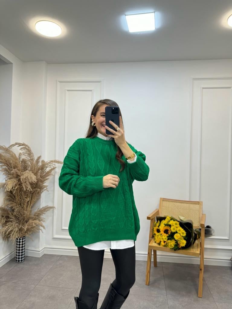 Yeşil Oversize Örme Kazak 3762