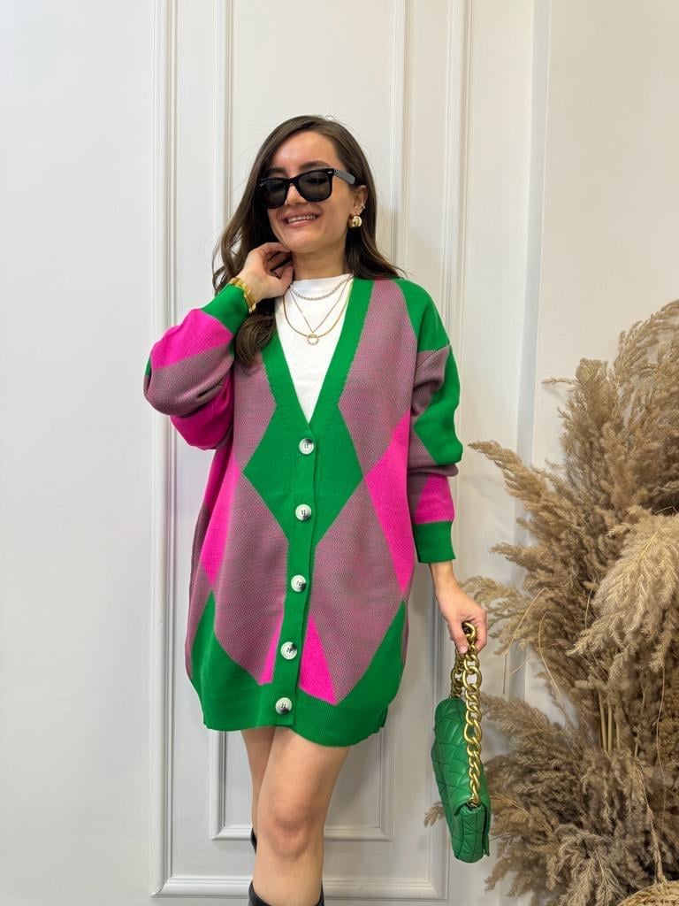 Yeşil Pembe Ekru Düğmeli Hırka 0302