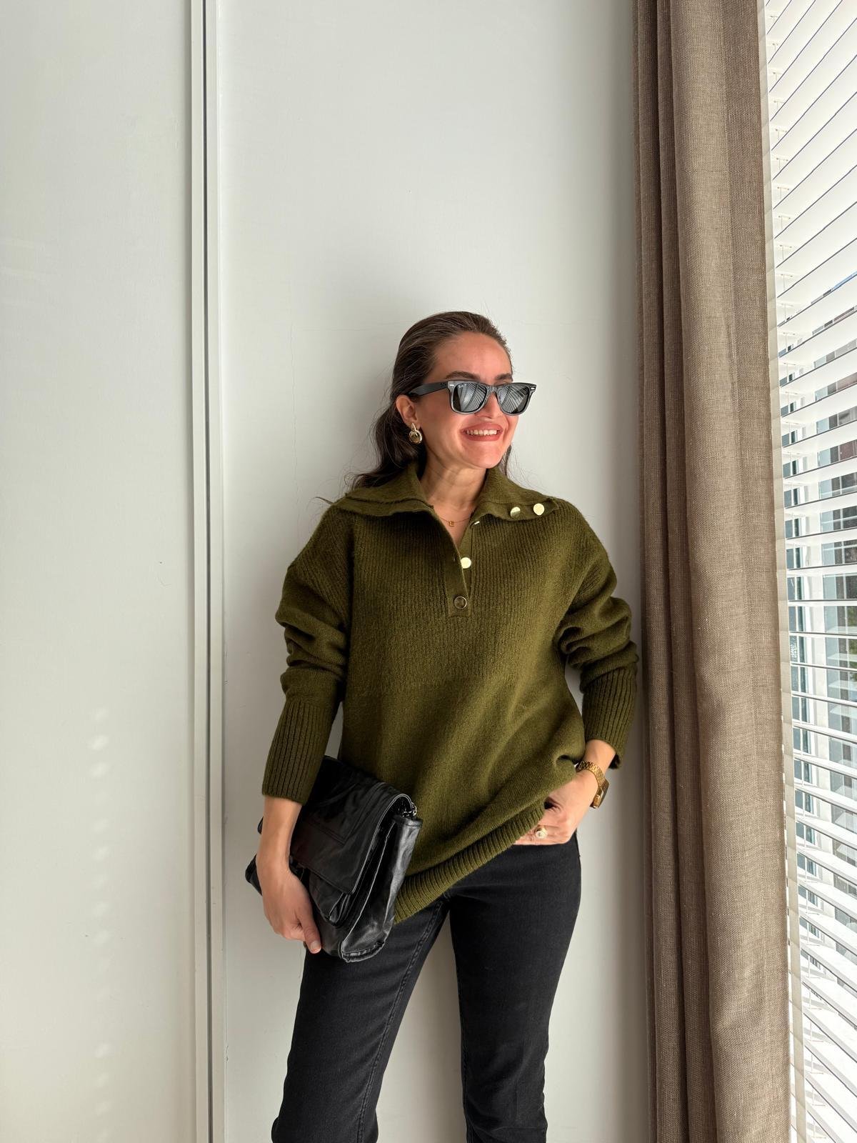 Yeşil Polo Yaka Gold Düğme Detaylı Triko Kazak 22733