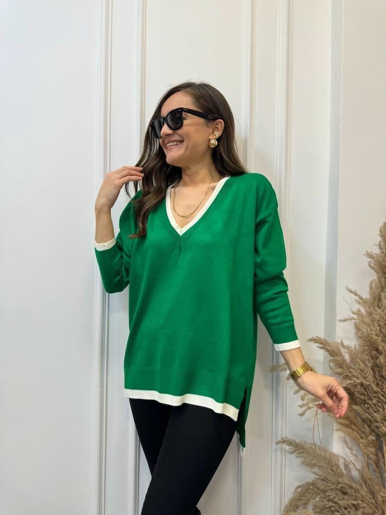 Yeşil V Yaka Beyaz Şeritli Triko Bluz 3743