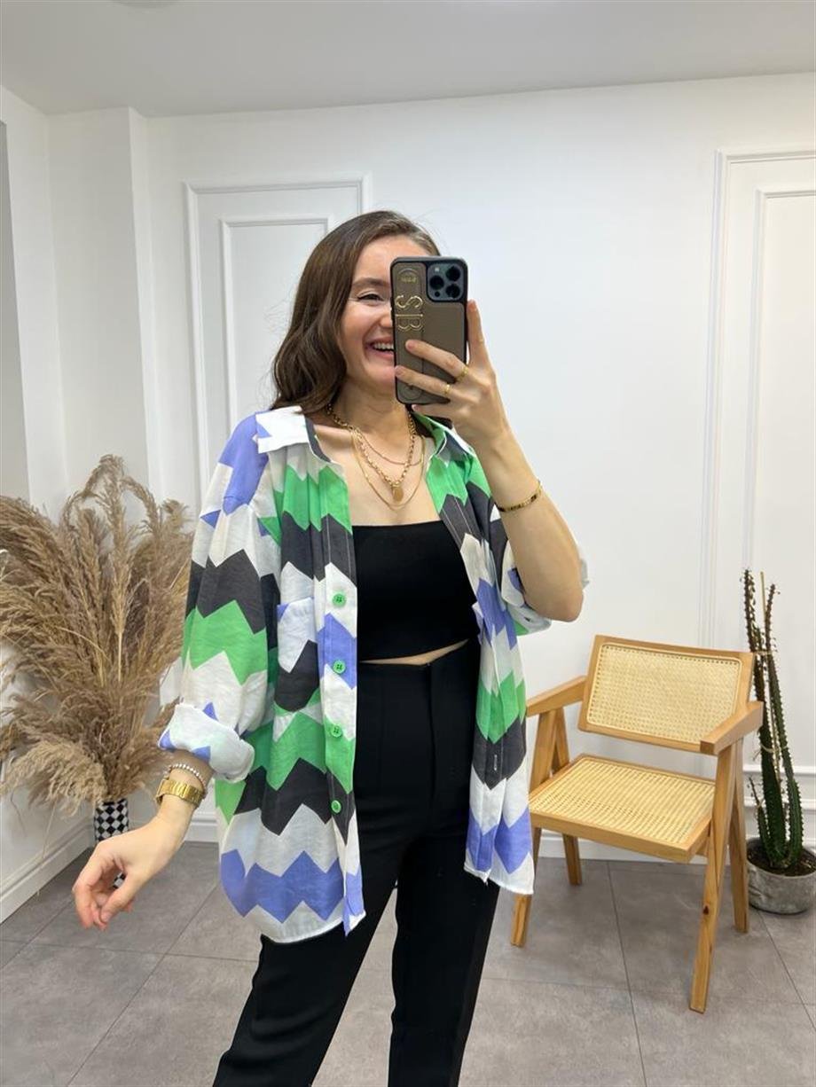 Yeşil Zigzag Desenli Oversize Gömlek 4734