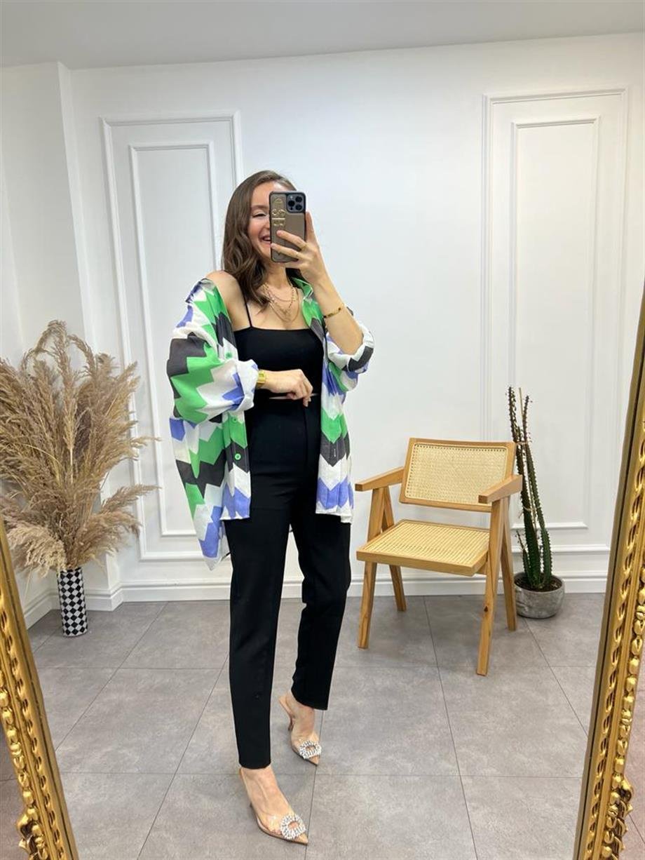 Yeşil Zigzag Desenli Oversize Gömlek 4734
