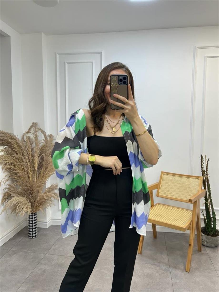 Yeşil Zigzag Desenli Oversize Gömlek 4734